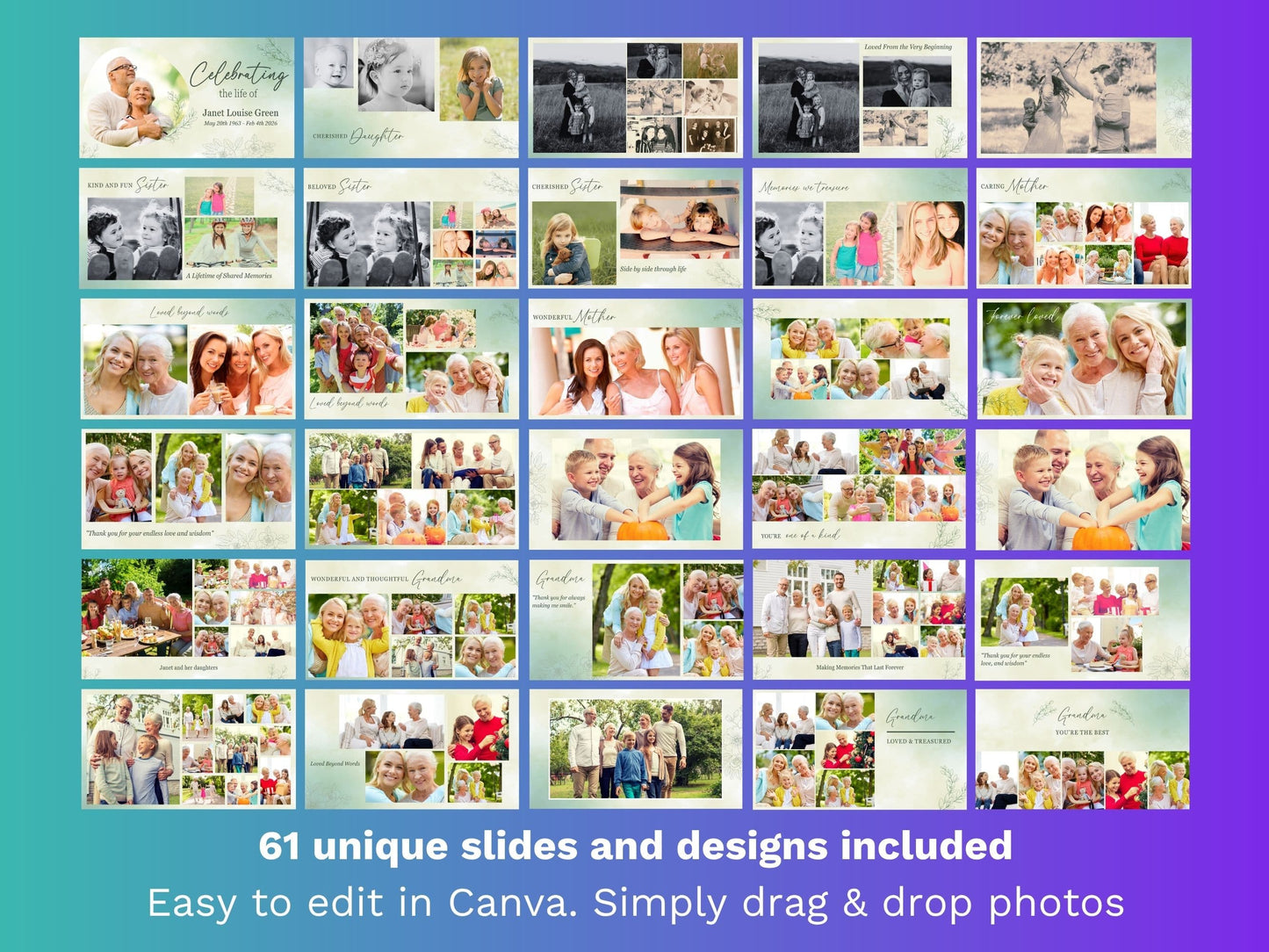 Canva Funeral Slideshow Template with Green Botanical Design