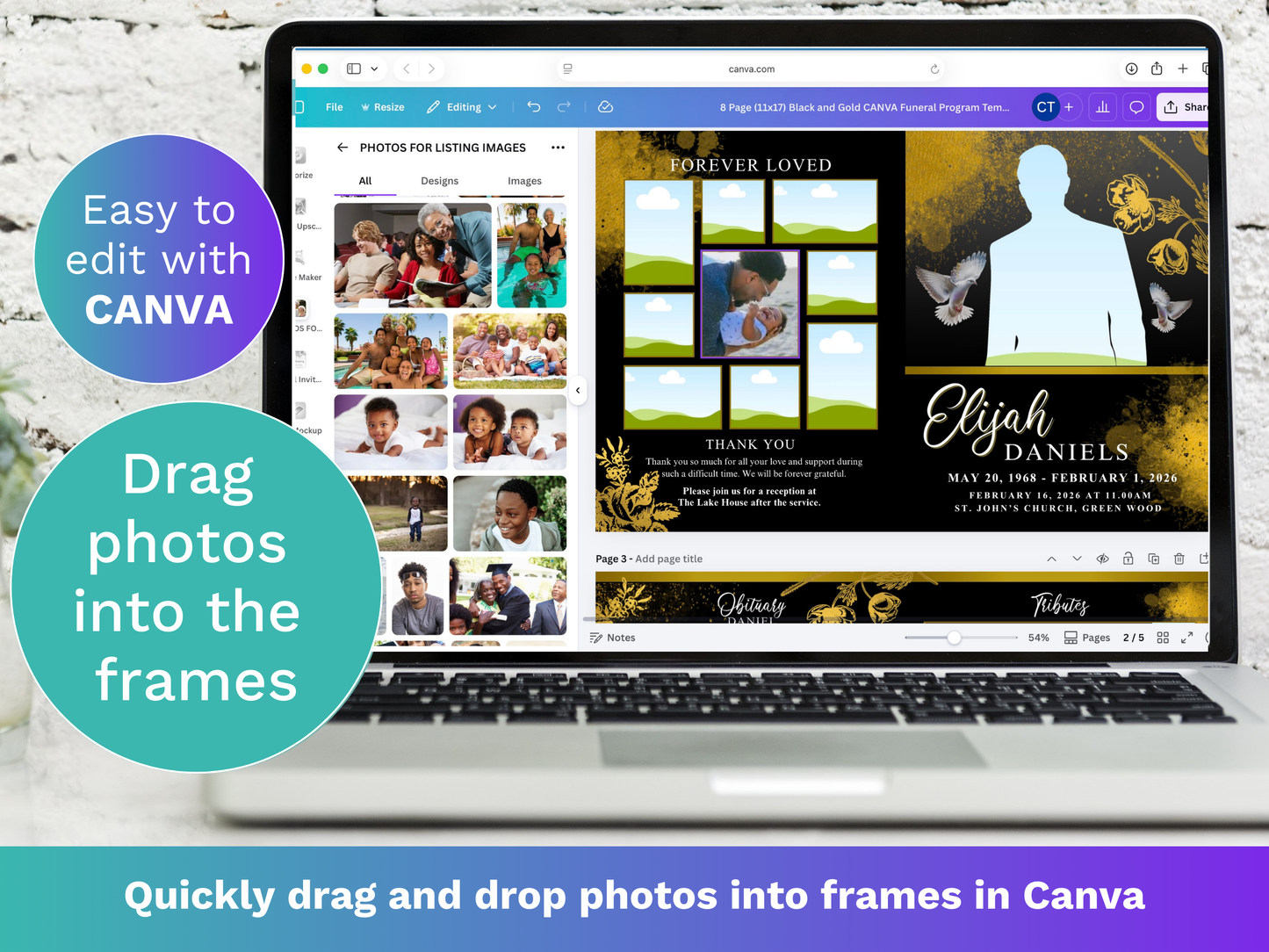 8 Page Black & Gold CANVA Funeral Program Template (11x17 inch)