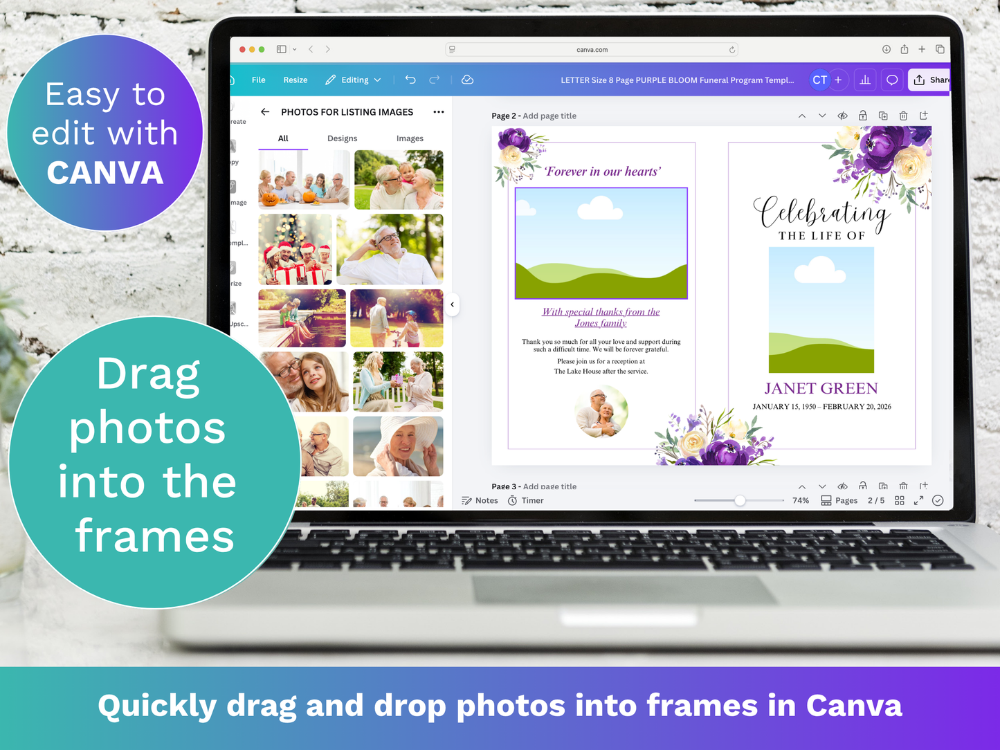 8 Page Purple Bloom CANVA Funeral Program Template