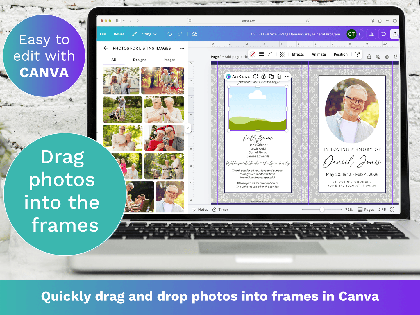 8 Page Grey Damask CANVA Funeral Program Template