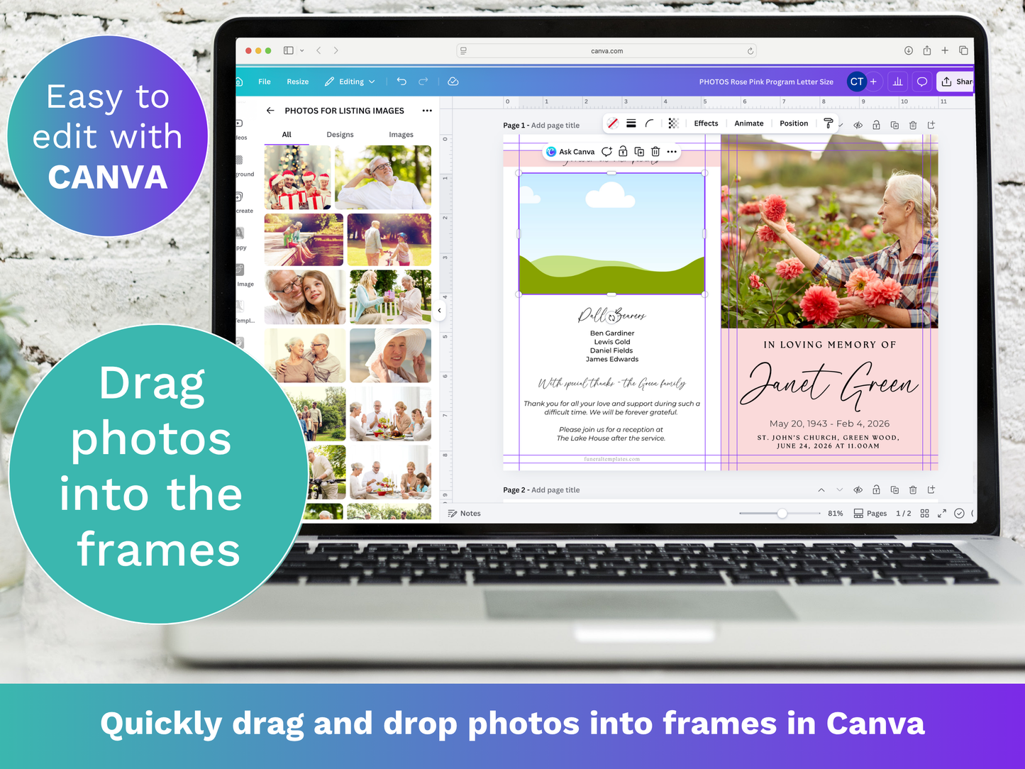 4 Page Rose Pink CANVA Funeral Program Template