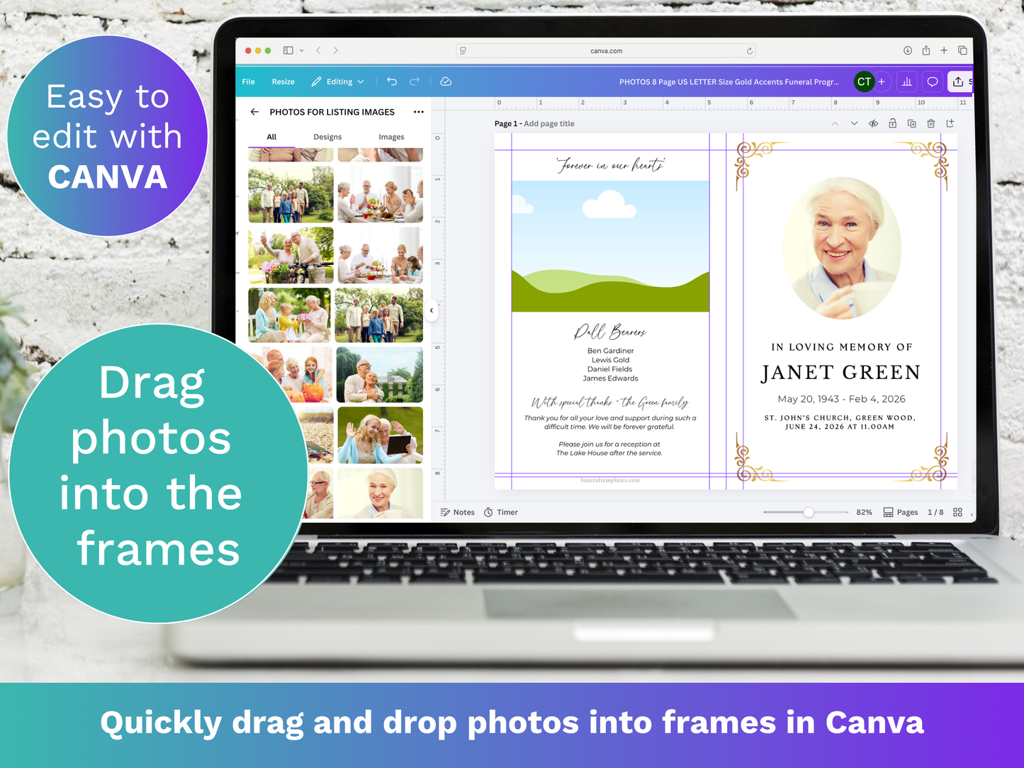 8 Page Gold Accents CANVA Funeral Program Template