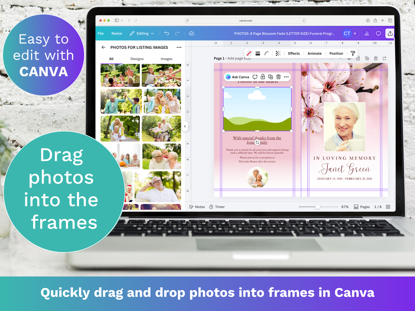 8 Page Blossom Fade CANVA Funeral Program Template