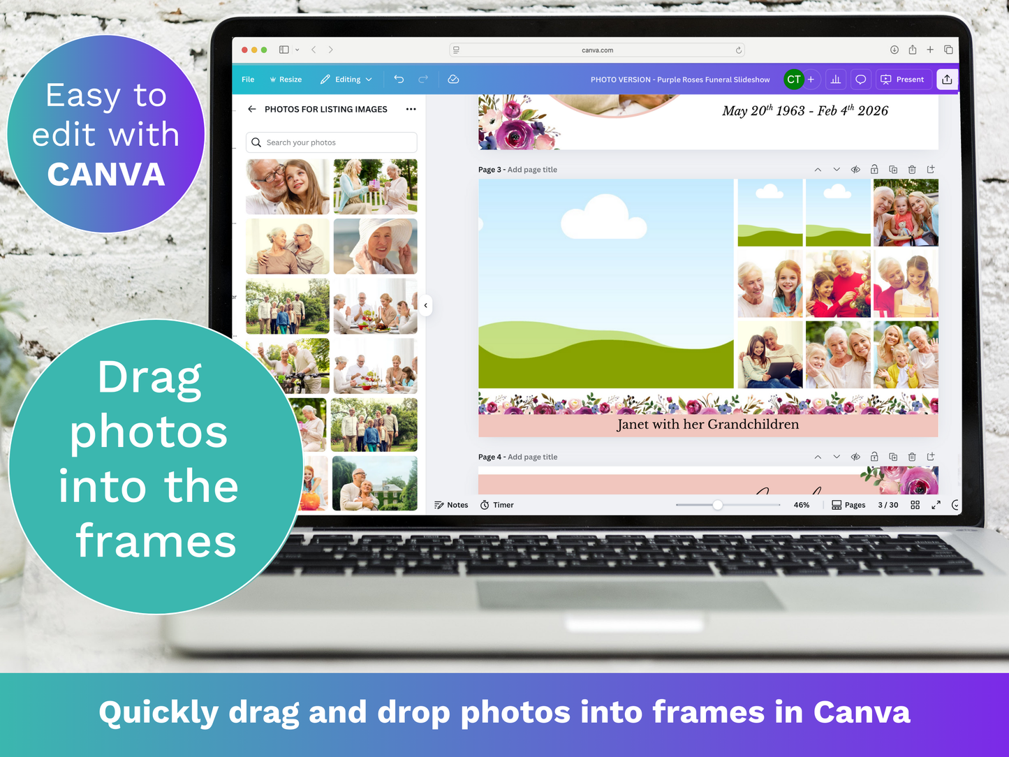 Canva Funeral Slideshow Template with Purple Roses