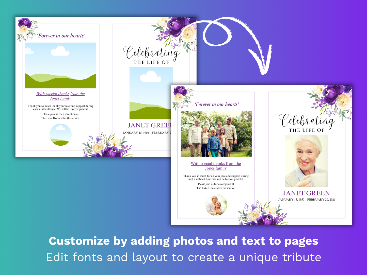 8 Page Purple Bloom CANVA Funeral Program Template