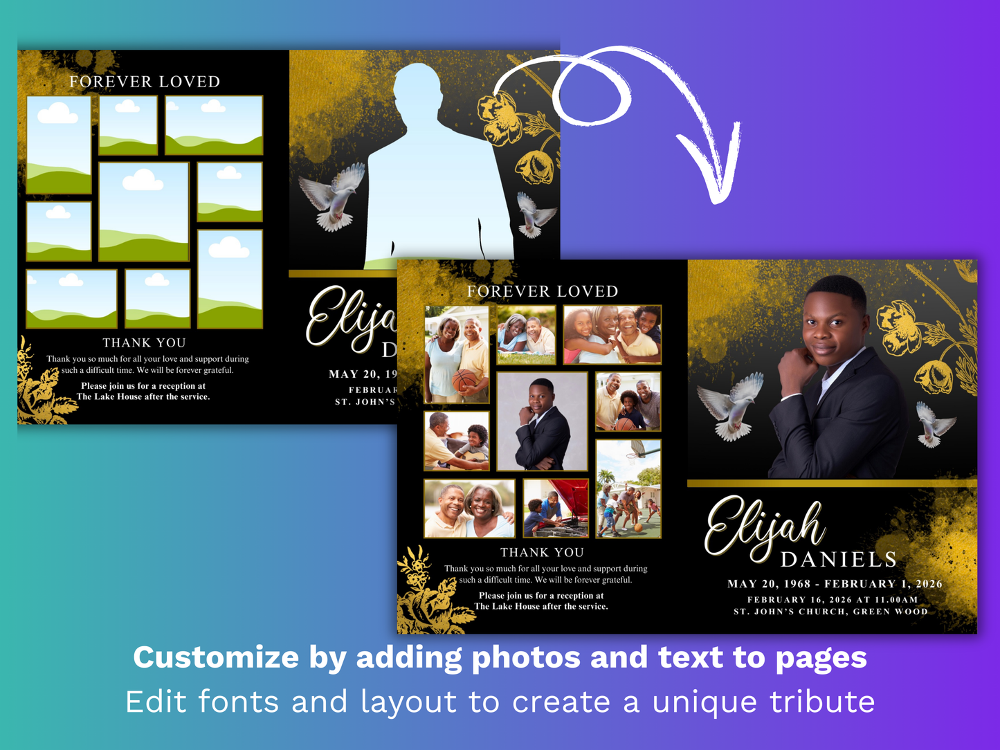 8 Page Black & Gold CANVA Funeral Program Template (11x17 inch)