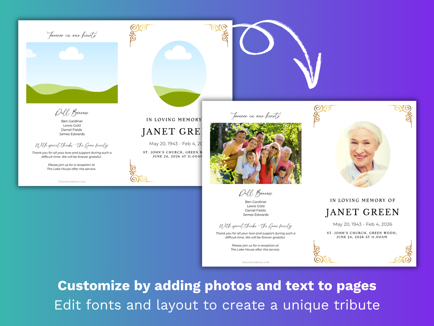 8 Page Gold Accents CANVA Funeral Program Template