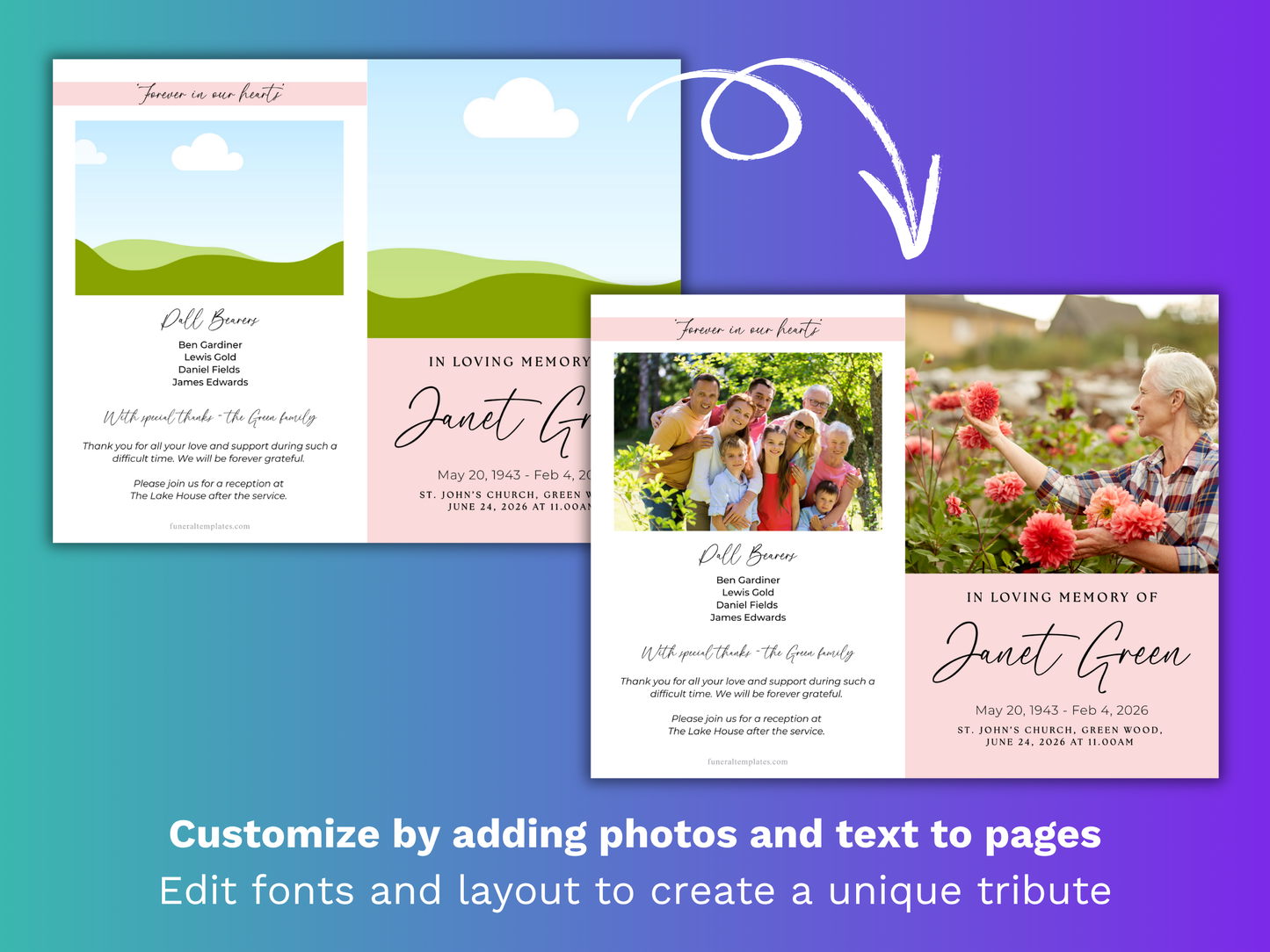 4 Page Rose Pink CANVA Funeral Program Template