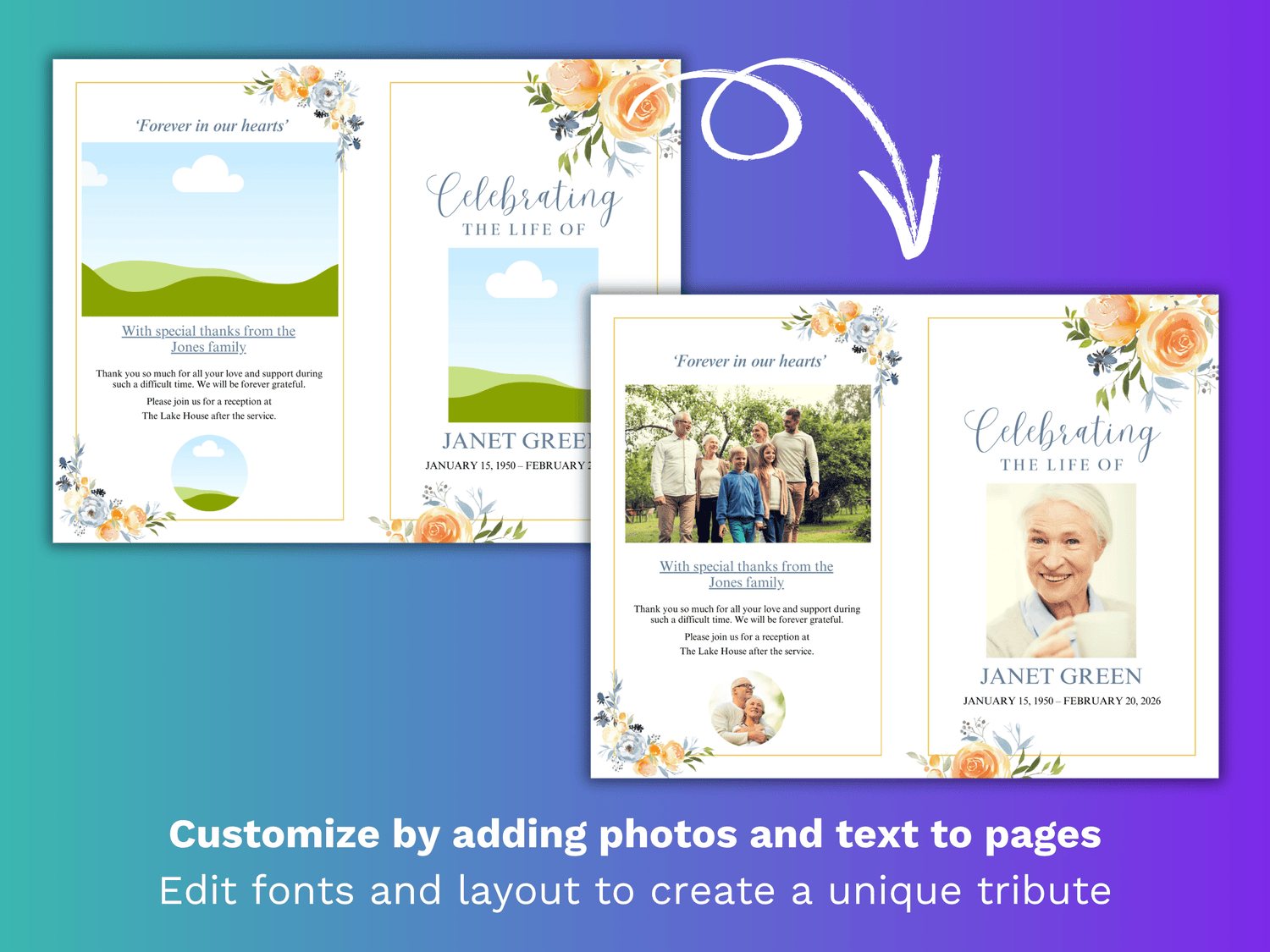 8 Page Yellow Roses CANVA Funeral Program Template
