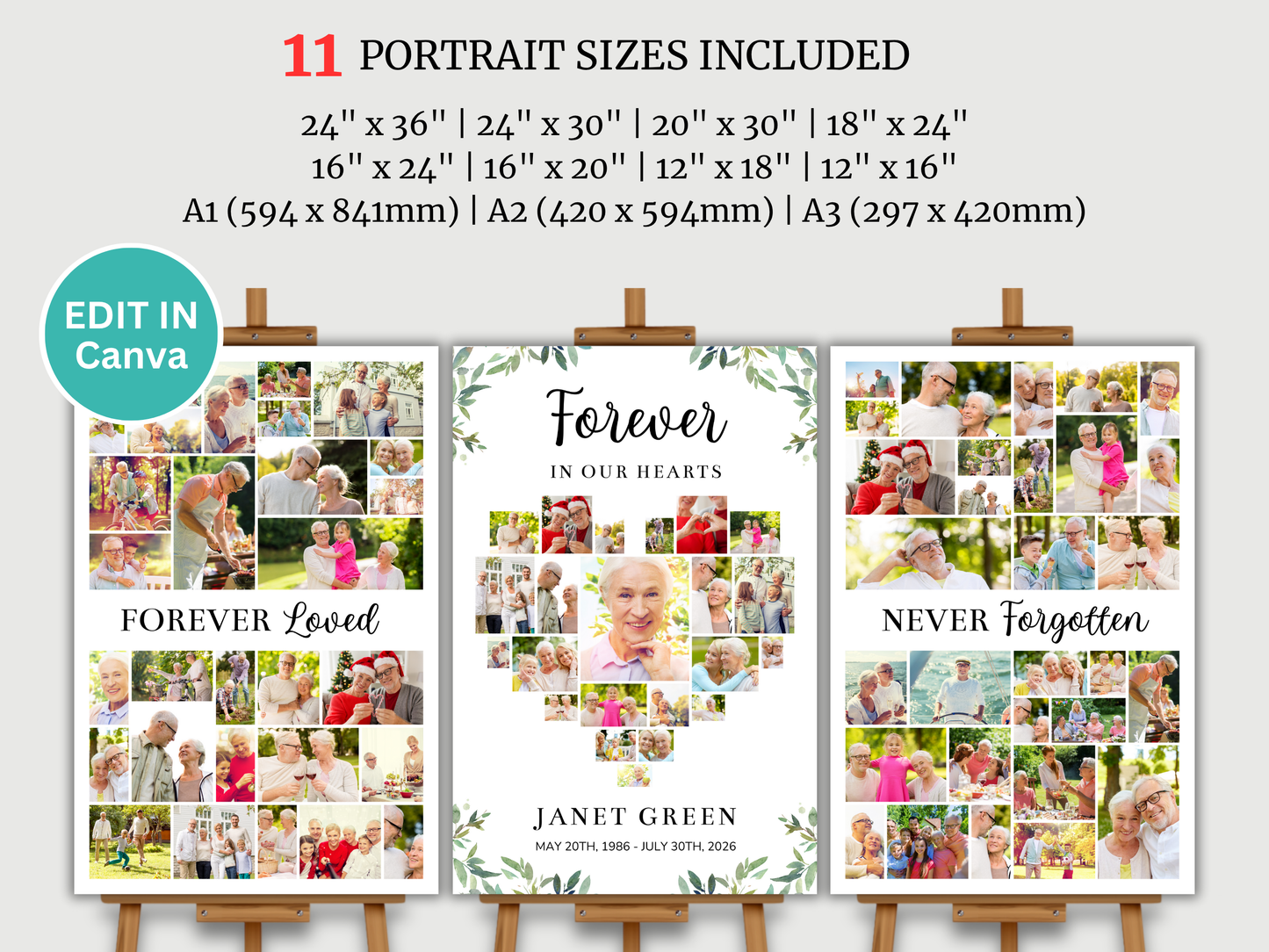 Green Leaf Funeral Poster Bundle (Canva Templates)