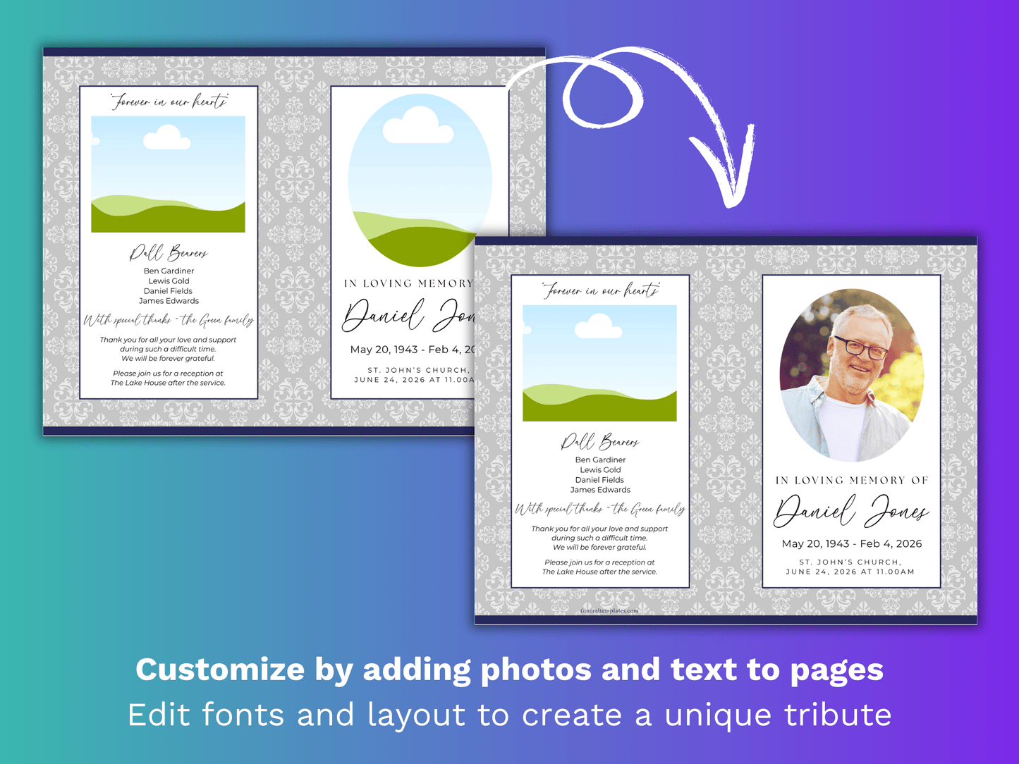 8 Page Grey Damask CANVA Funeral Program Template
