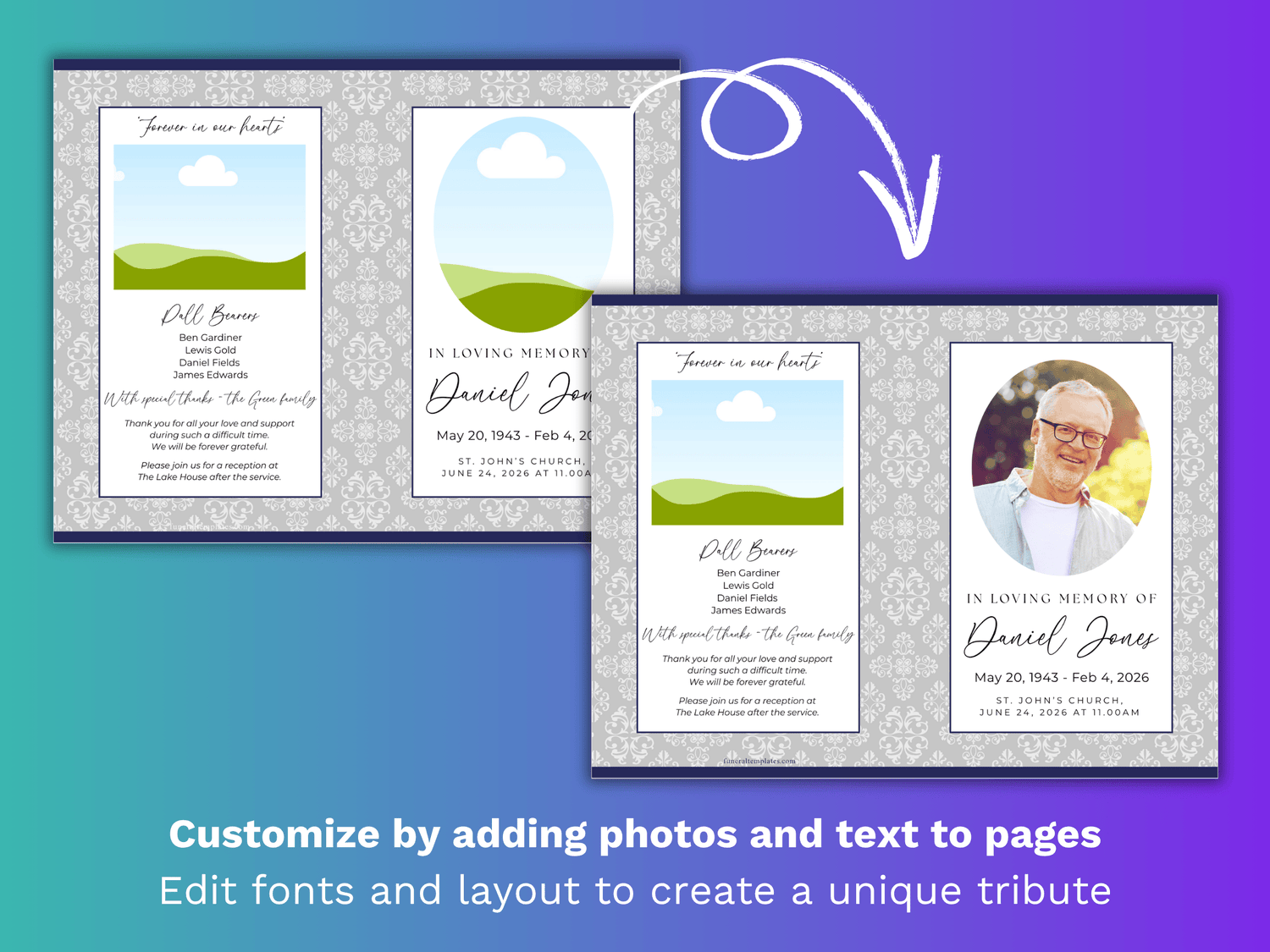 8 Page Grey Damask CANVA Funeral Program Template