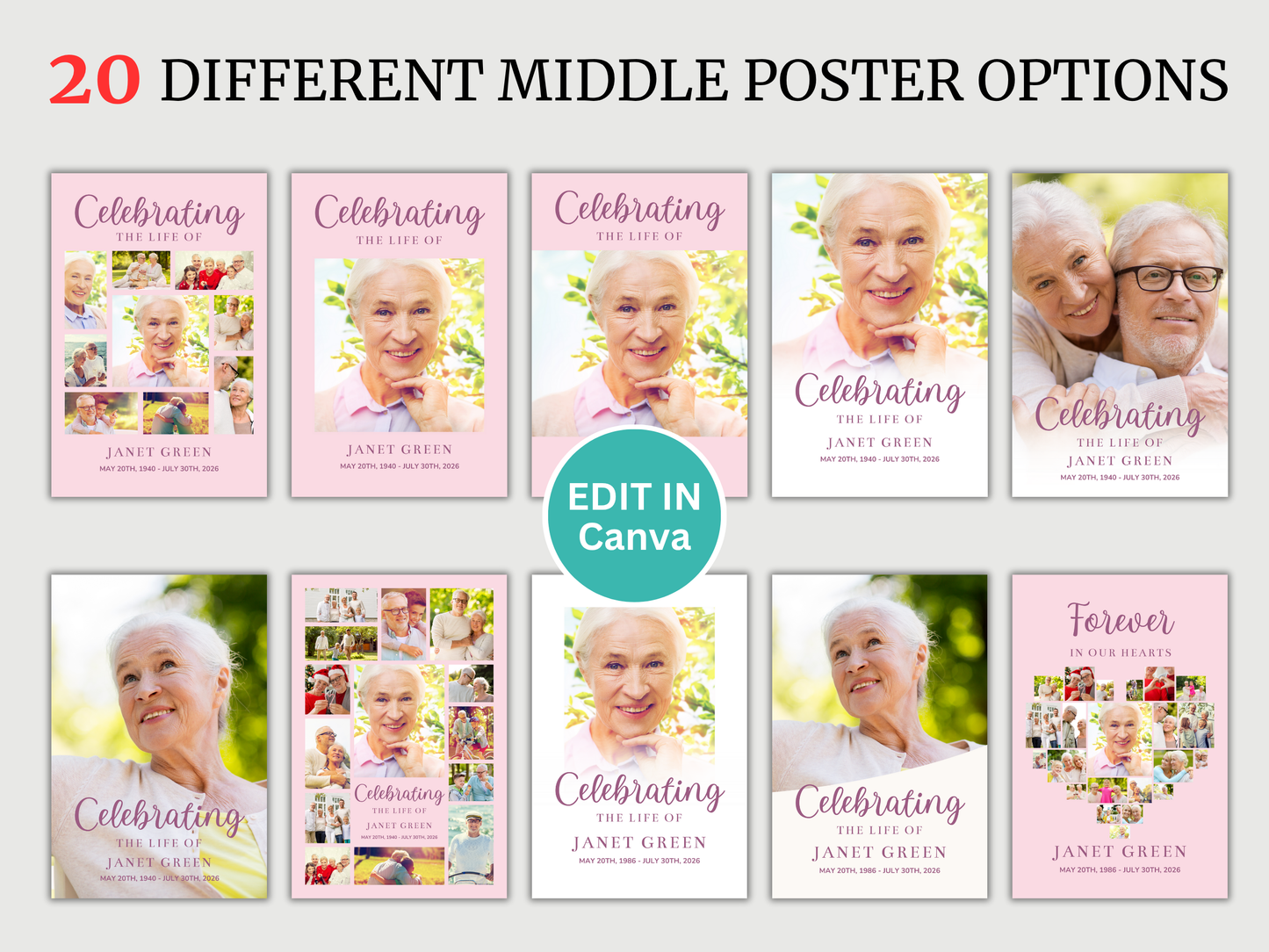 Pink Funeral Poster Bundle (Canva Templates)