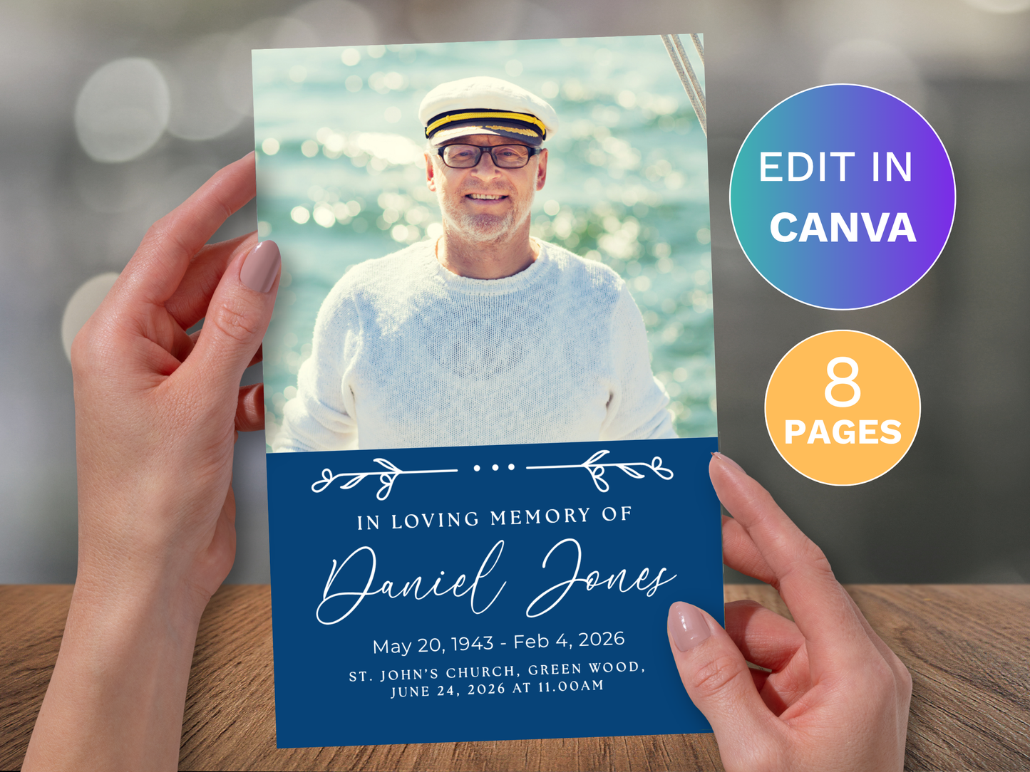 8 Page Blue Floral CANVA Funeral Program Template