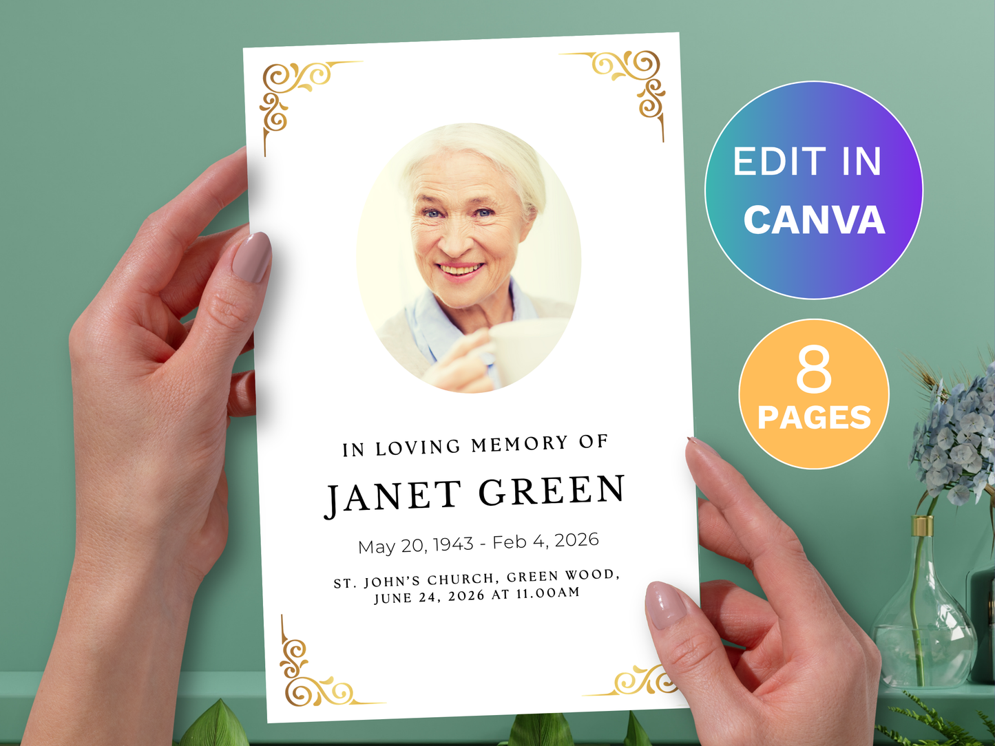 8 Page Gold Accents CANVA Funeral Program Template