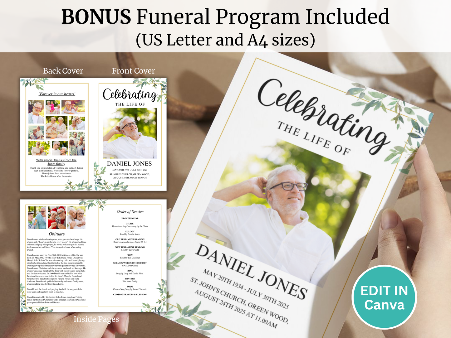 Green Leaf Funeral Poster Bundle (Canva Templates)