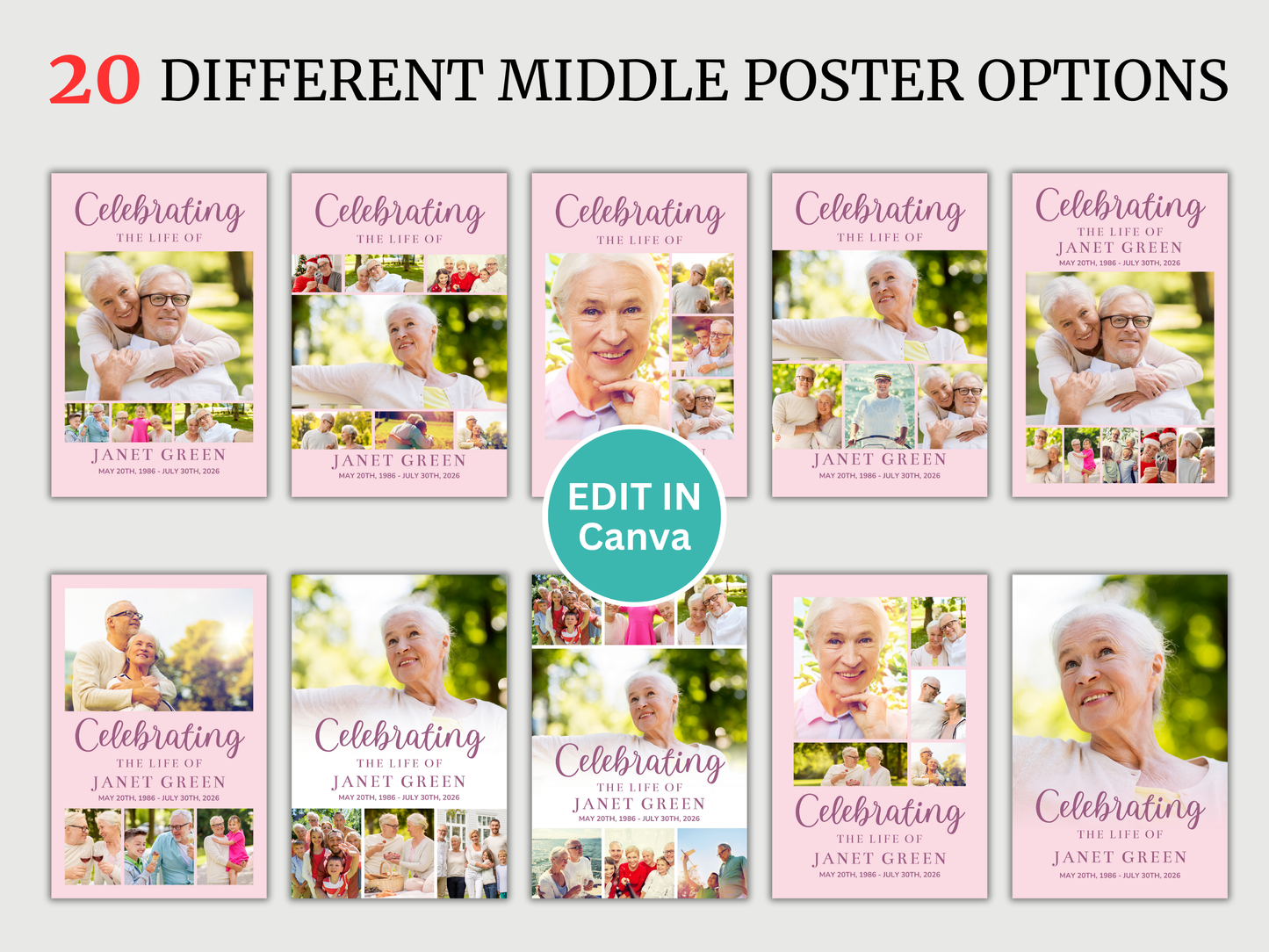 Pink Funeral Poster Bundle (Canva Templates)