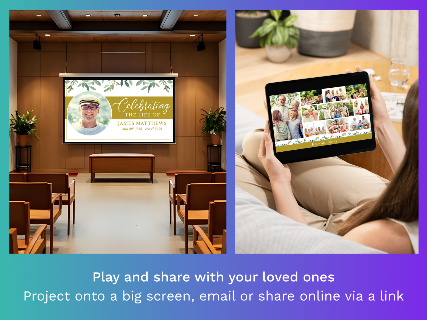 Canva Funeral Slideshow Template with Green Leaves