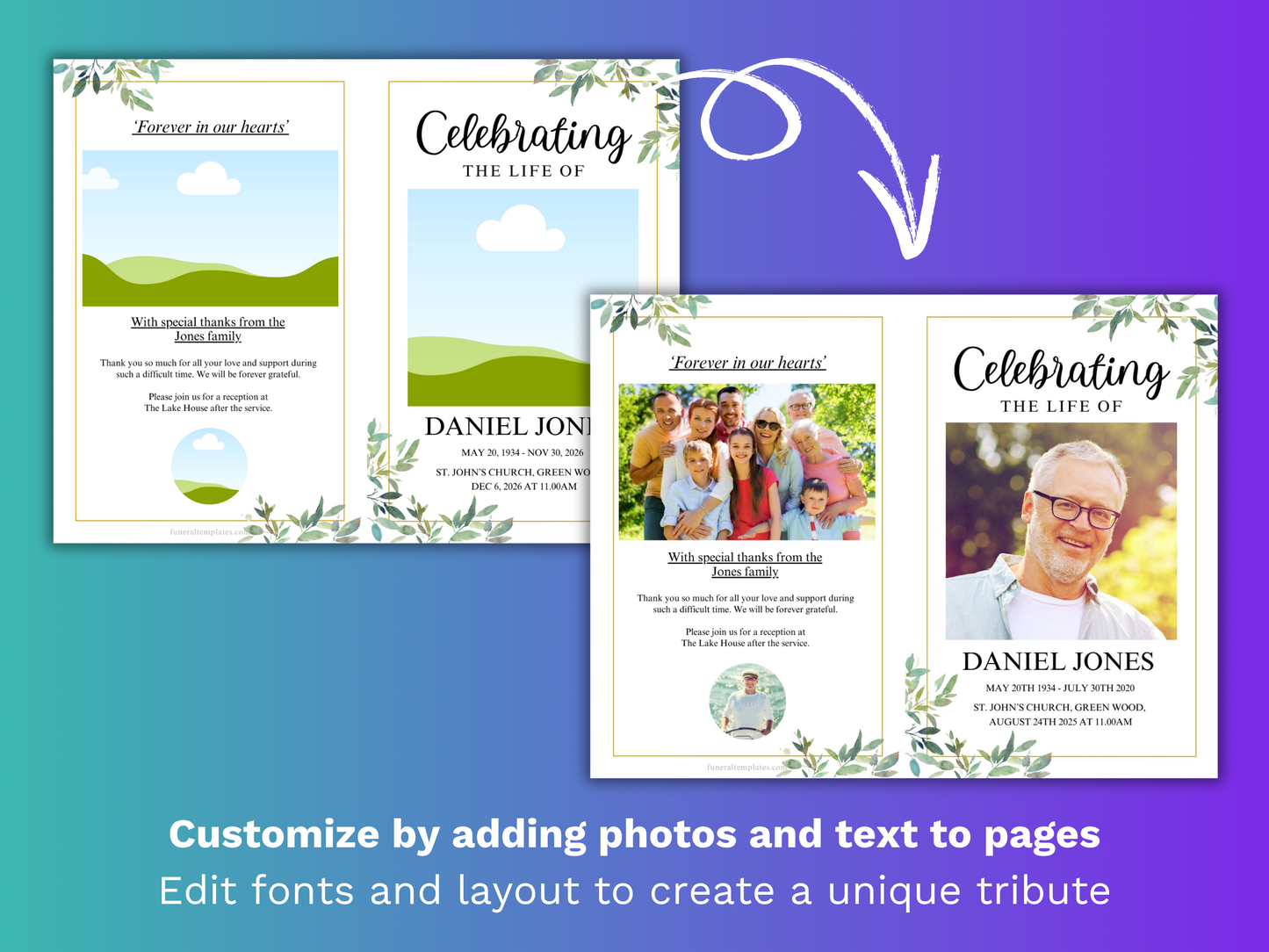 12 Page Green Leaf CANVA Funeral Program Template