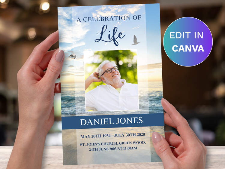 Canva Funeral Program Template with Serene Beach Design Funeral Templates