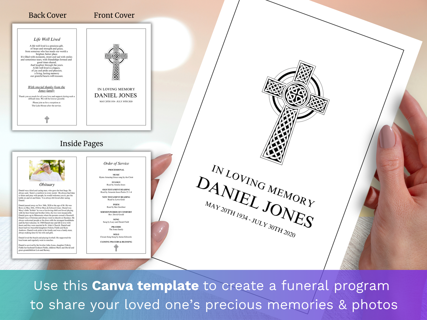 4 Page Catholic Cross CANVA Funeral Program Template
