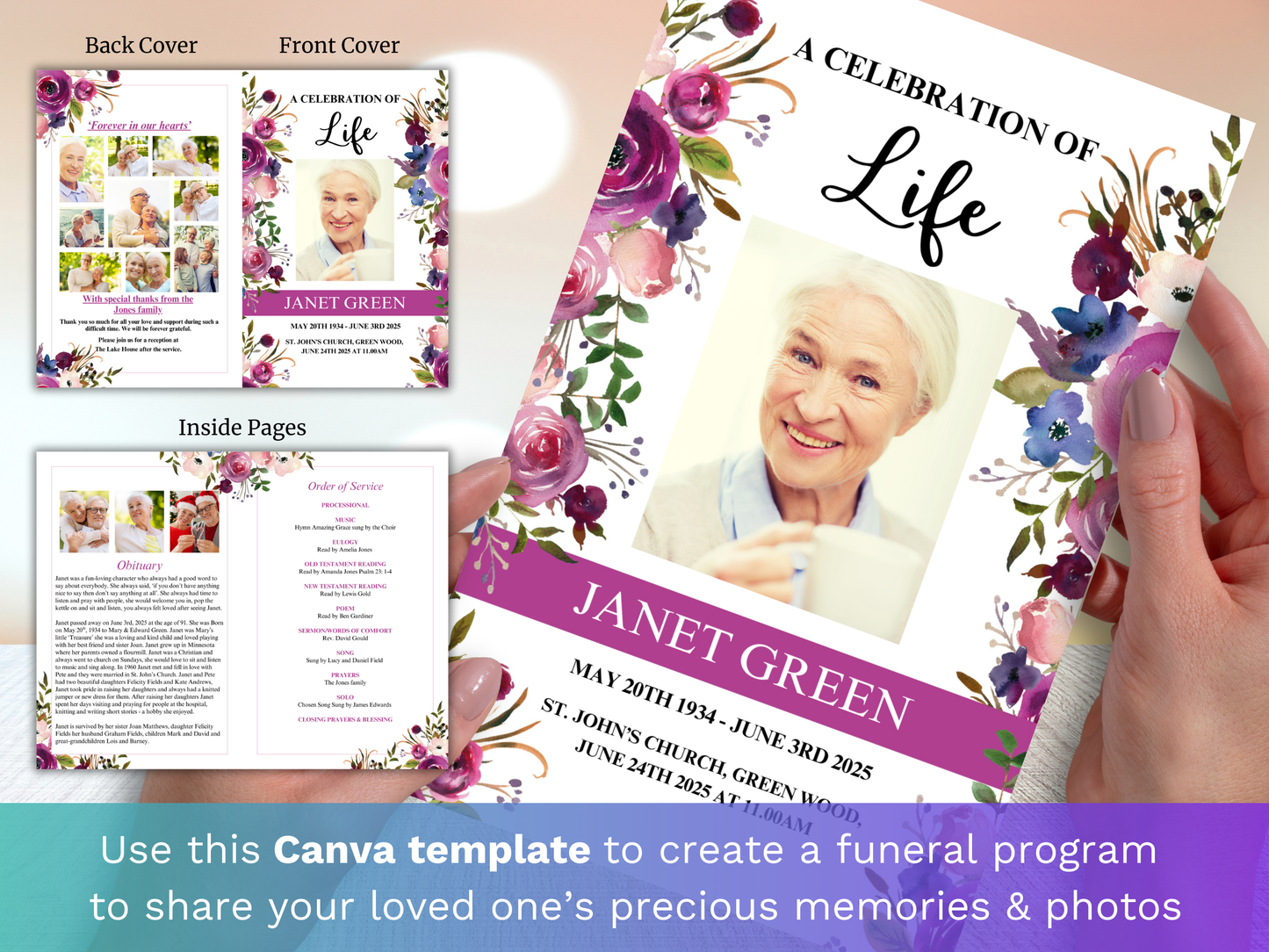 4 Page Floral Display CANVA Funeral Program Template