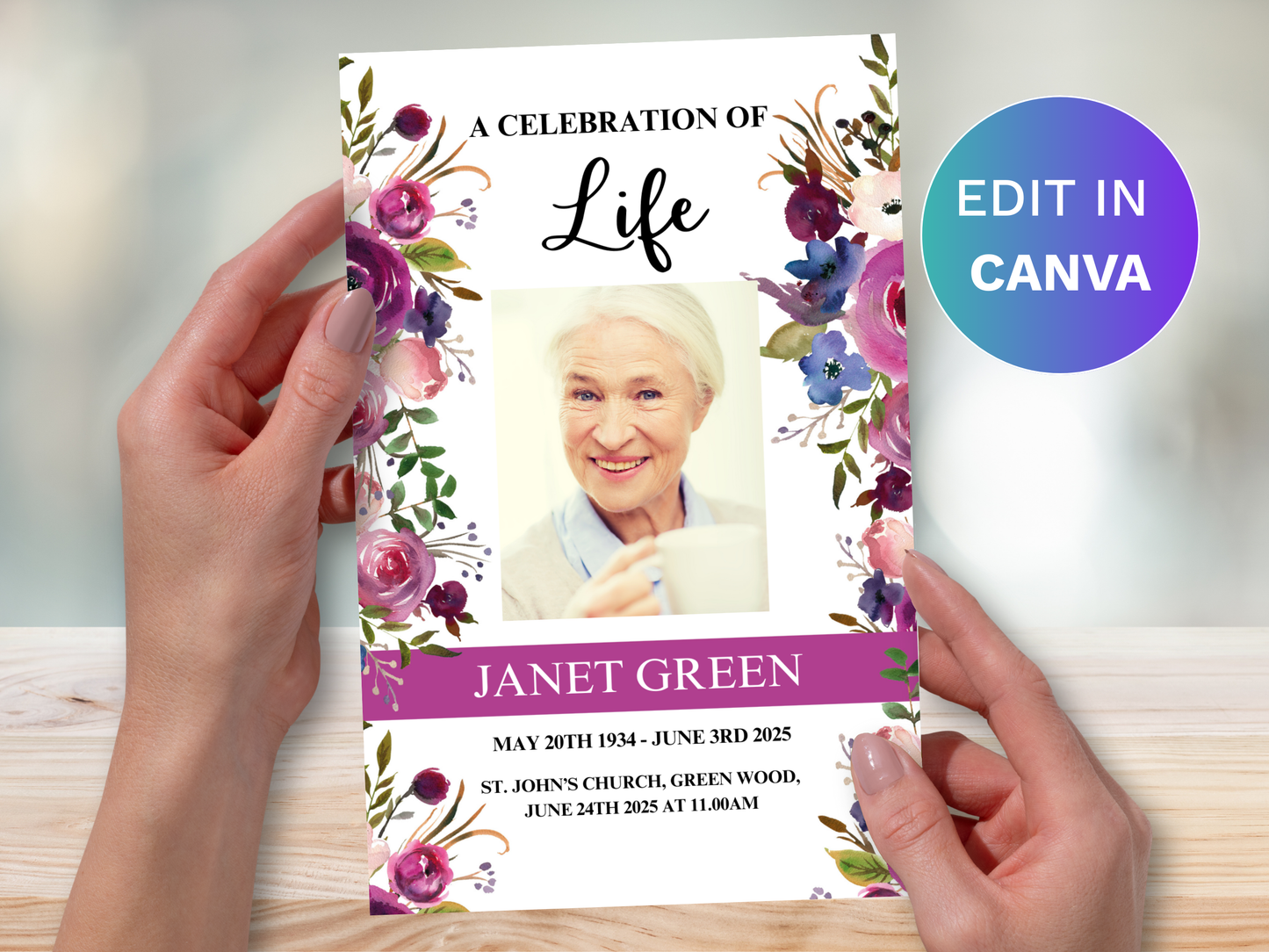 Canva Funeral Program Template with Purple Watercolor Flowers Funeral