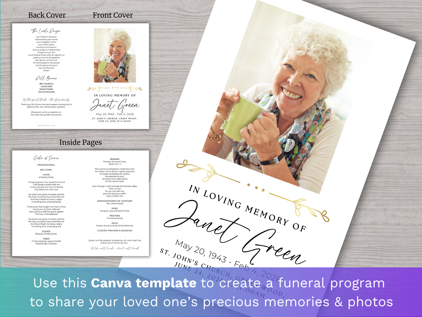 4 Page Gold Floral CANVA Funeral Program Template