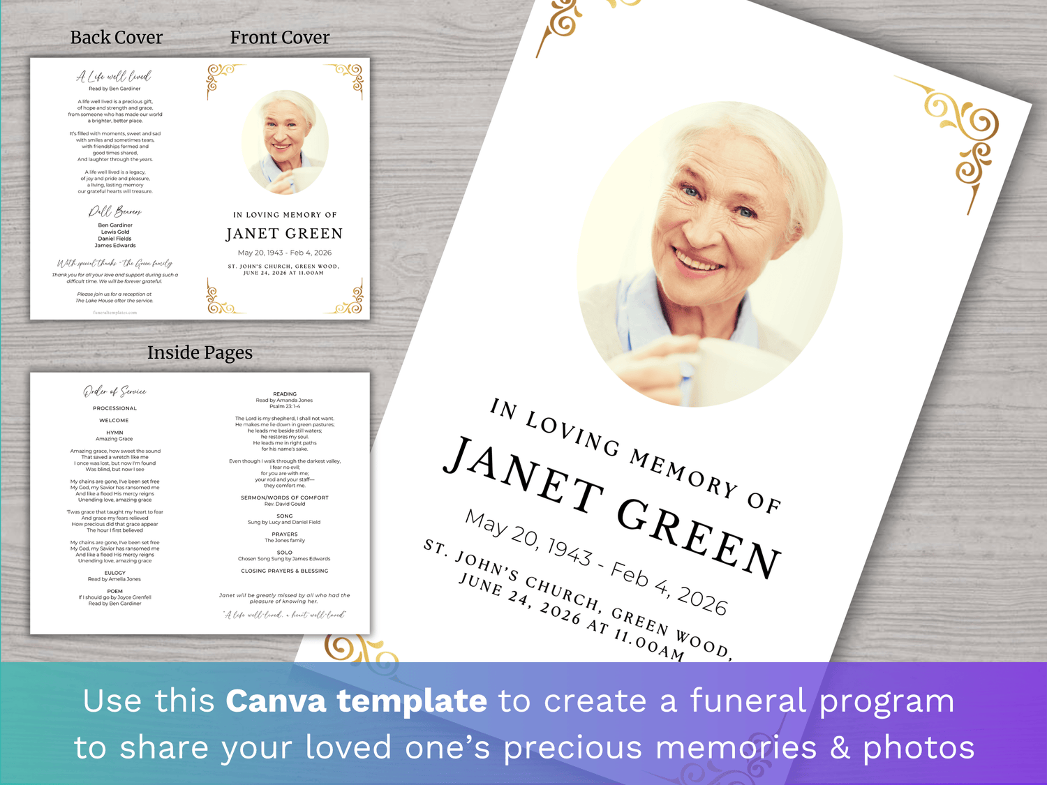 4 Page Gold Accents CANVA Funeral Program Template