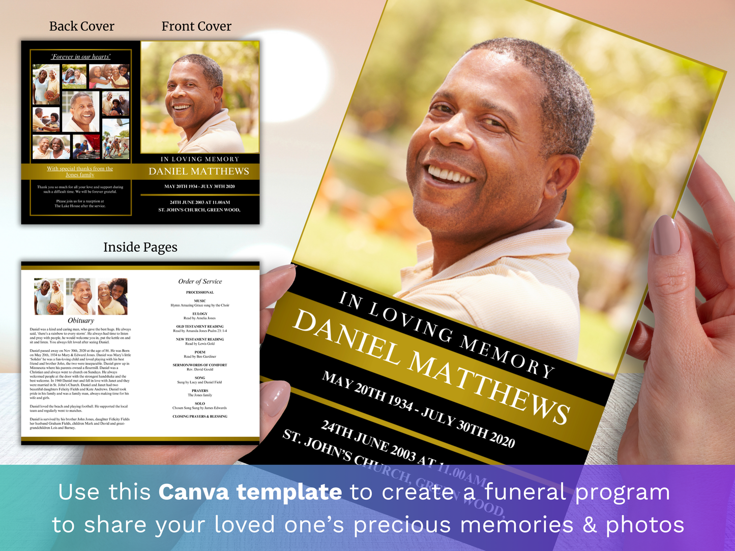 4 Page Golden CANVA Funeral Program Template