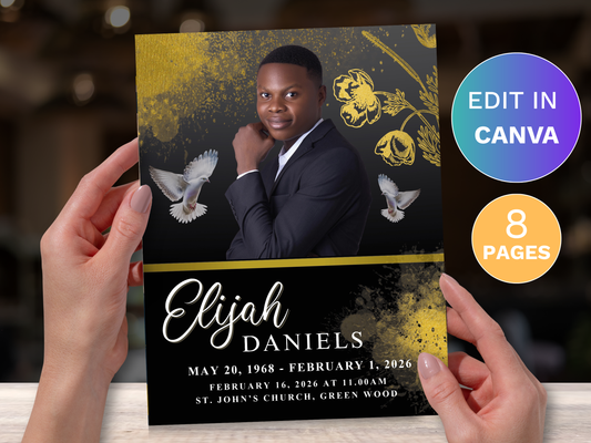 8 Page Black & Gold CANVA Funeral Program Template (11x17 inch)
