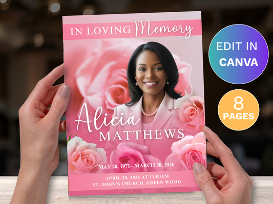 8 Page Delicate Pink CANVA Funeral Program Template (11x17 inch)