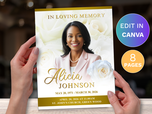 8 Page White & Gold CANVA Funeral Program Template (11x17 inch)
