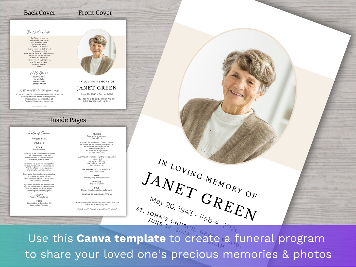 4 Page Oval Pendant CANVA Funeral Program Template