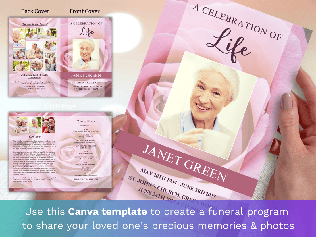 Canva Funeral Program Template with Pink Roses – Funeral Templates