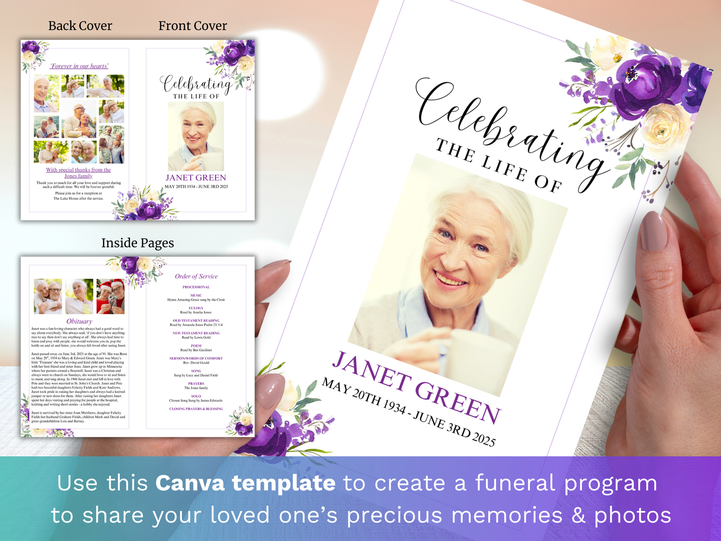 4 Page Purple Bloom CANVA Funeral Program Template