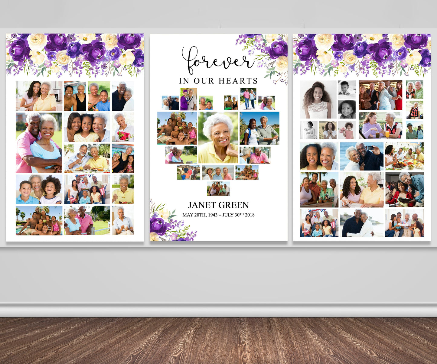 Purple Bloom Heart Funeral Photo Display