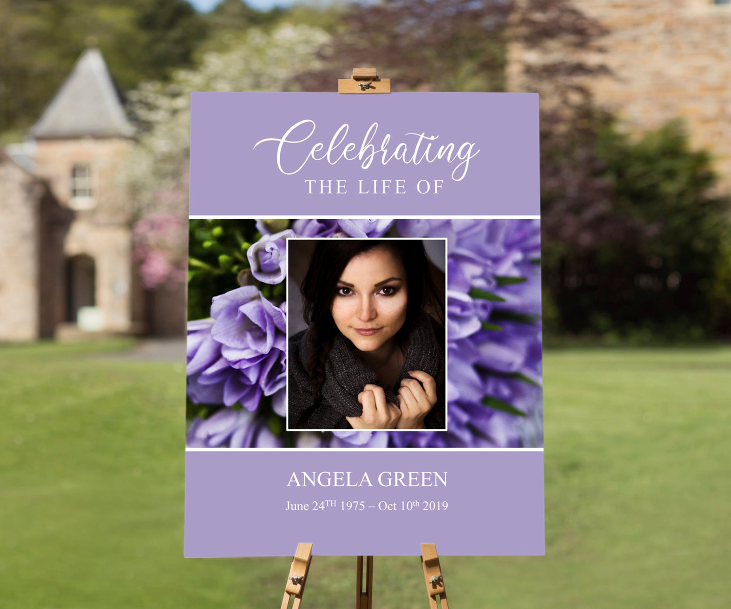 Purple Bouquet Funeral Welcome Sign