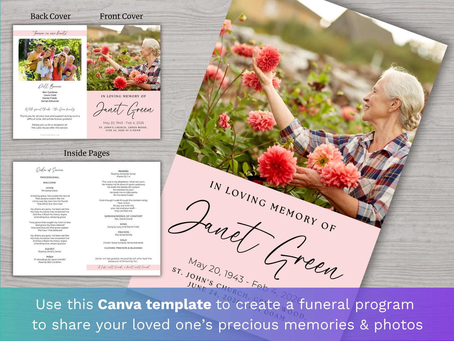 4 Page Rose Pink CANVA Funeral Program Template