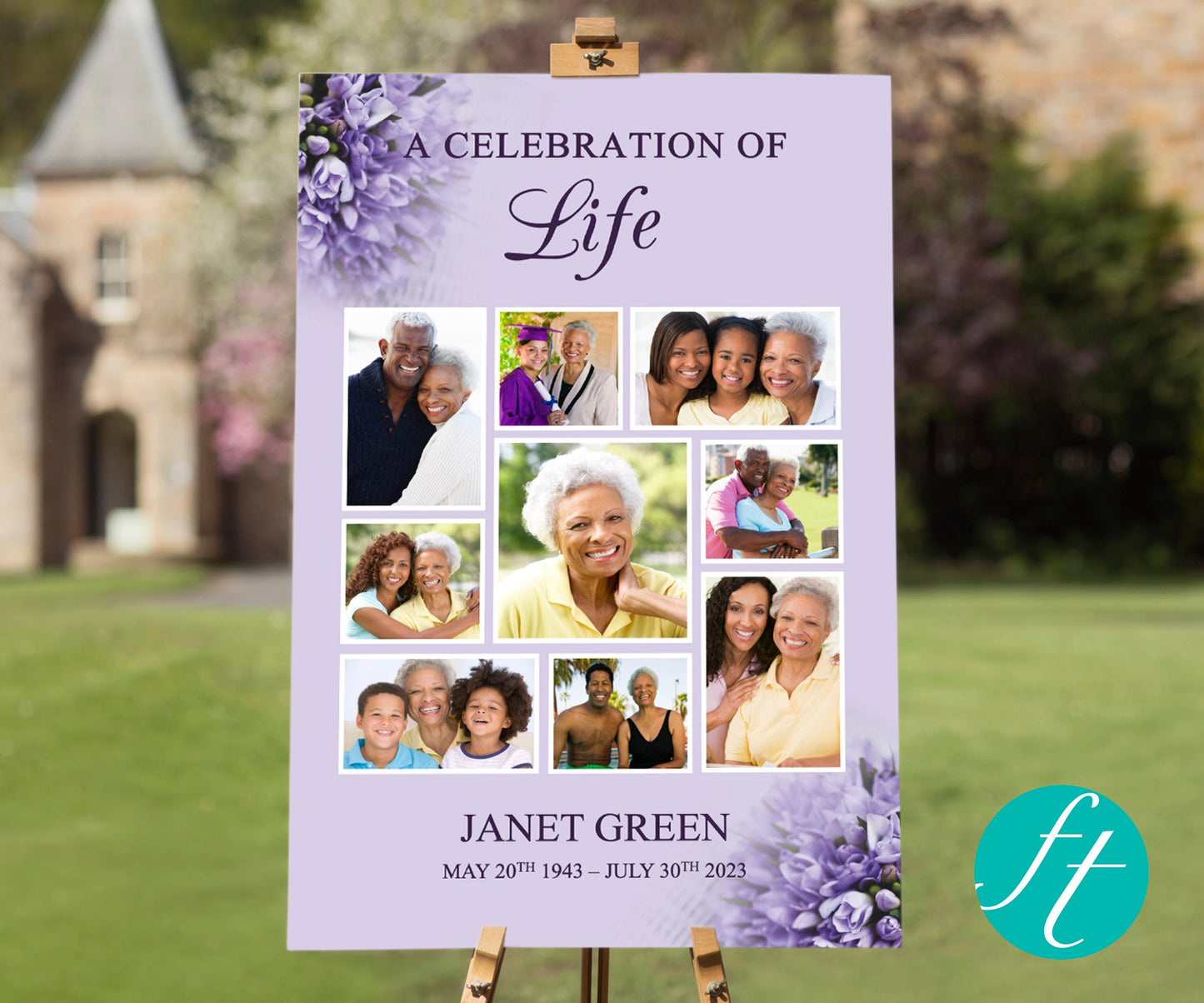 Purple Bouquet Collage Funeral Welcome Sign