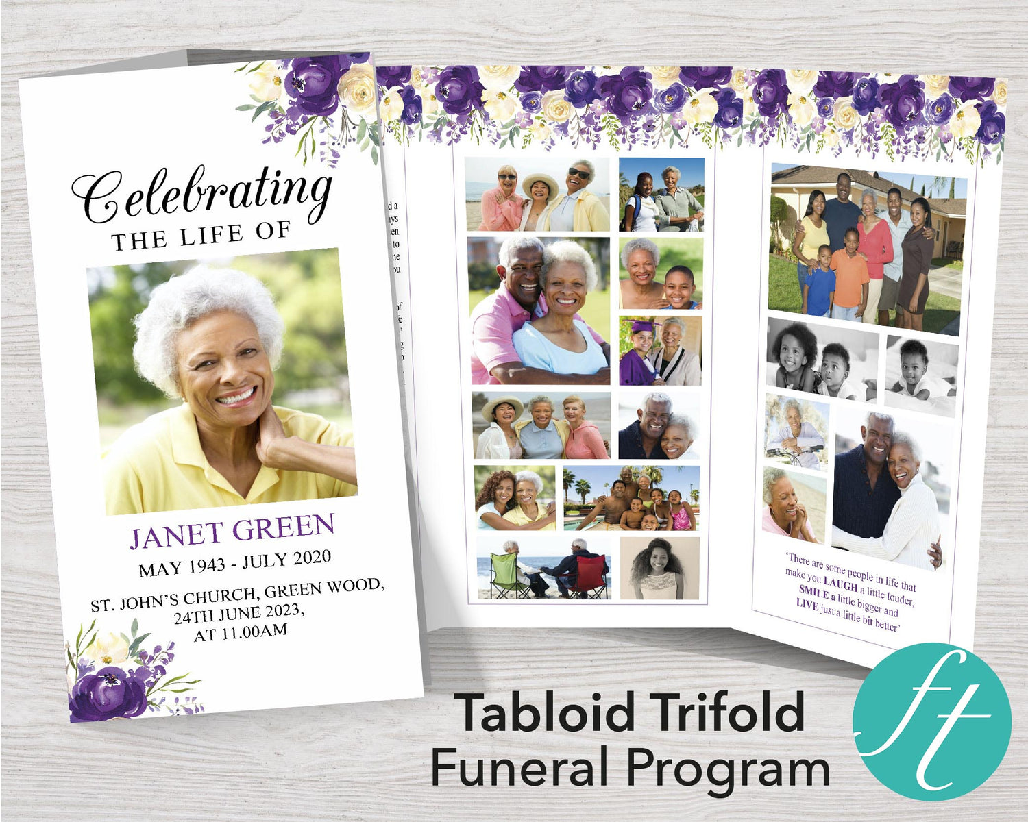 11x17 Trifold Purple Bloom Funeral Program Template