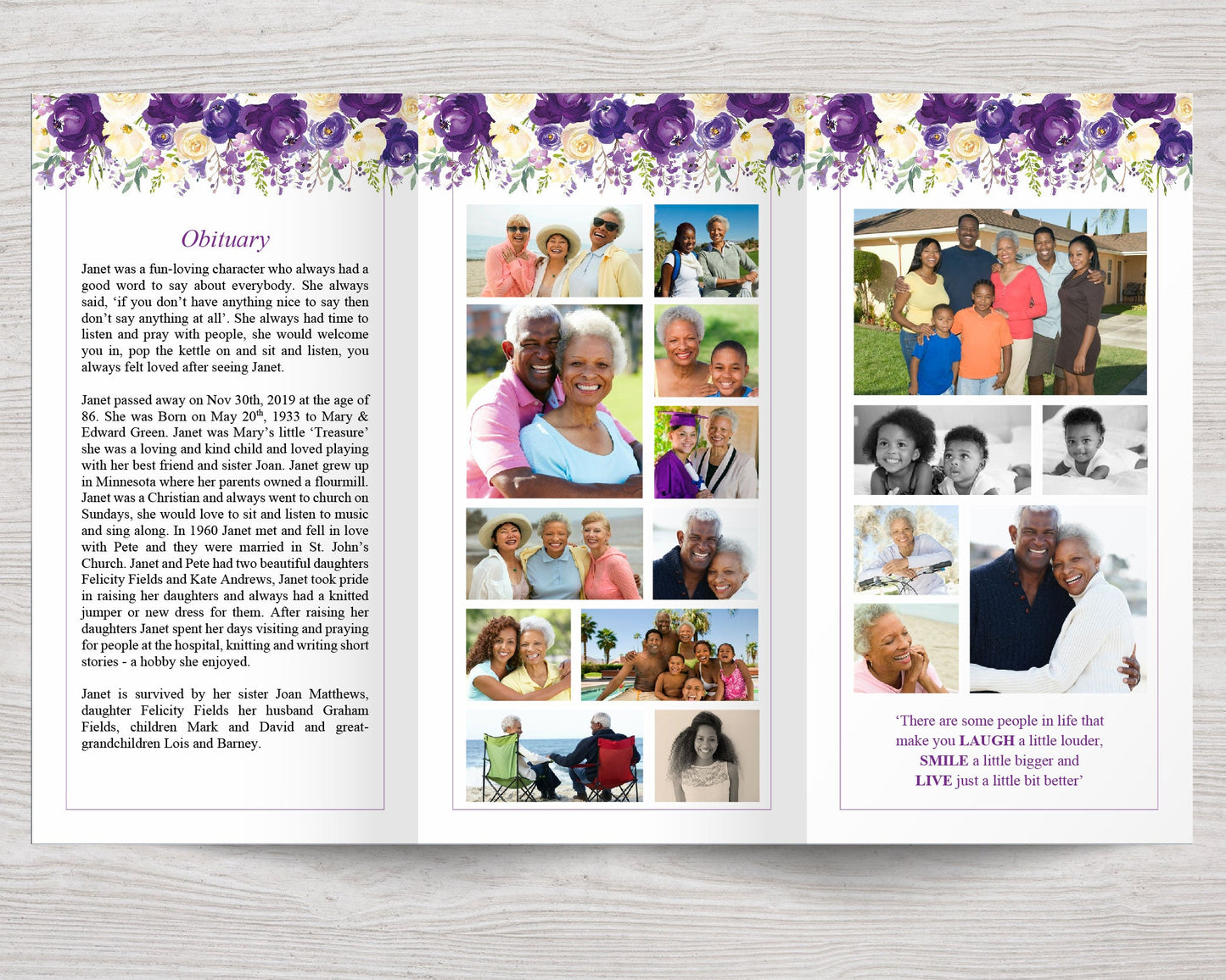 11x17 Trifold Purple Bloom Funeral Program Template