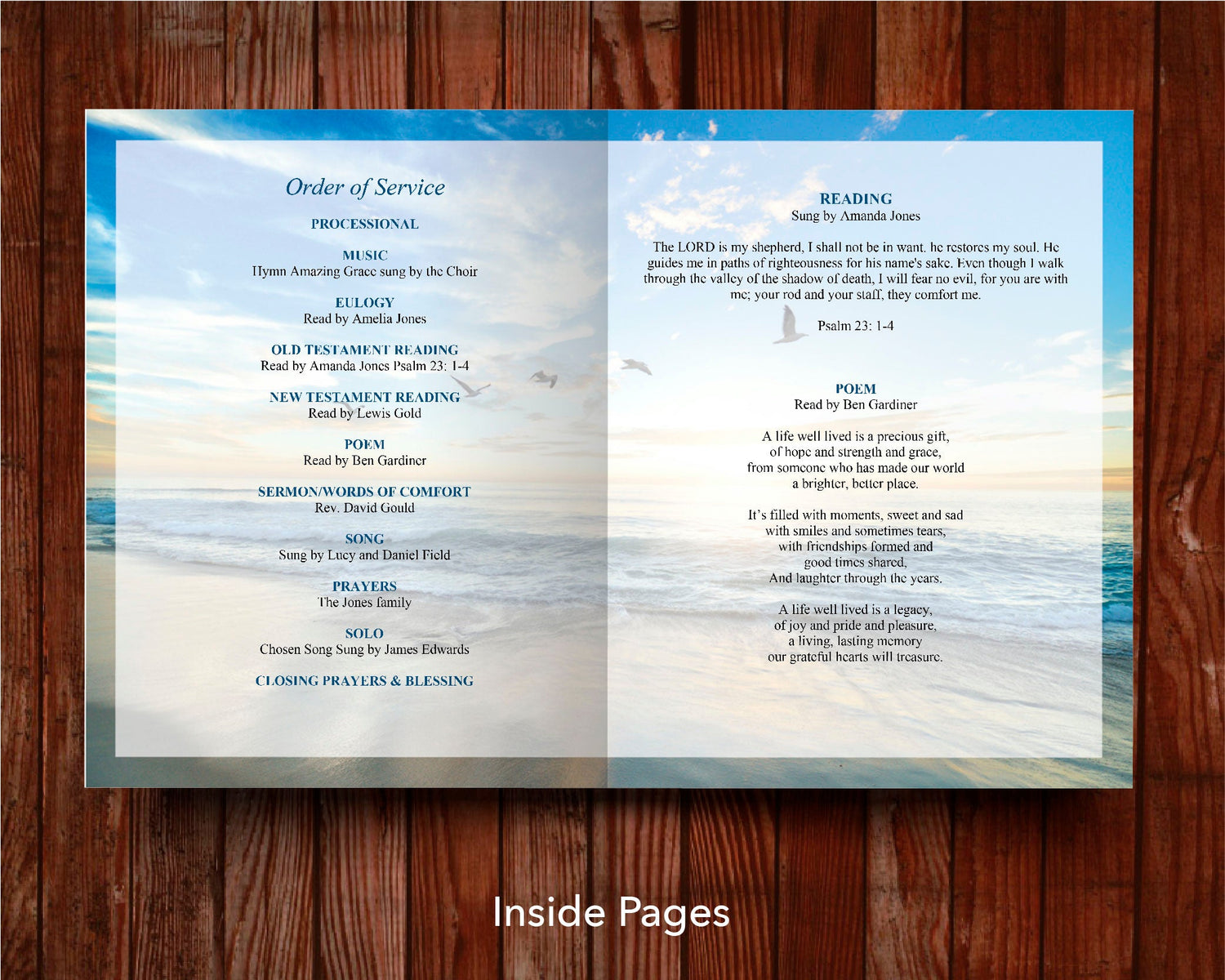 12 Page Beach Funeral Program Template (11 x 17 inches)