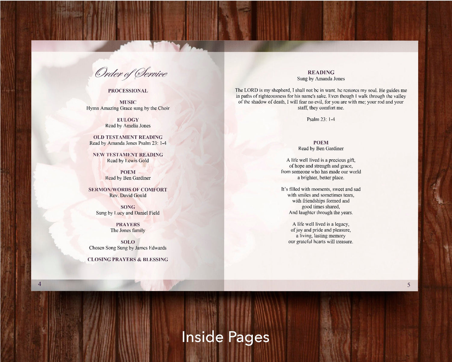 12 Page Pink Carnations Funeral Program Template (11 x 17 inches)