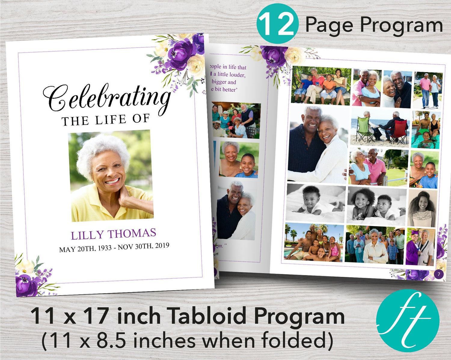12 Page Purple Bloom Funeral Program Template (11 x 17 inches)