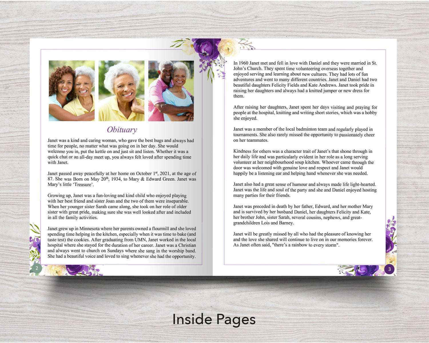 12 Page Purple Bloom Funeral Program Template (11 x 17 inches)