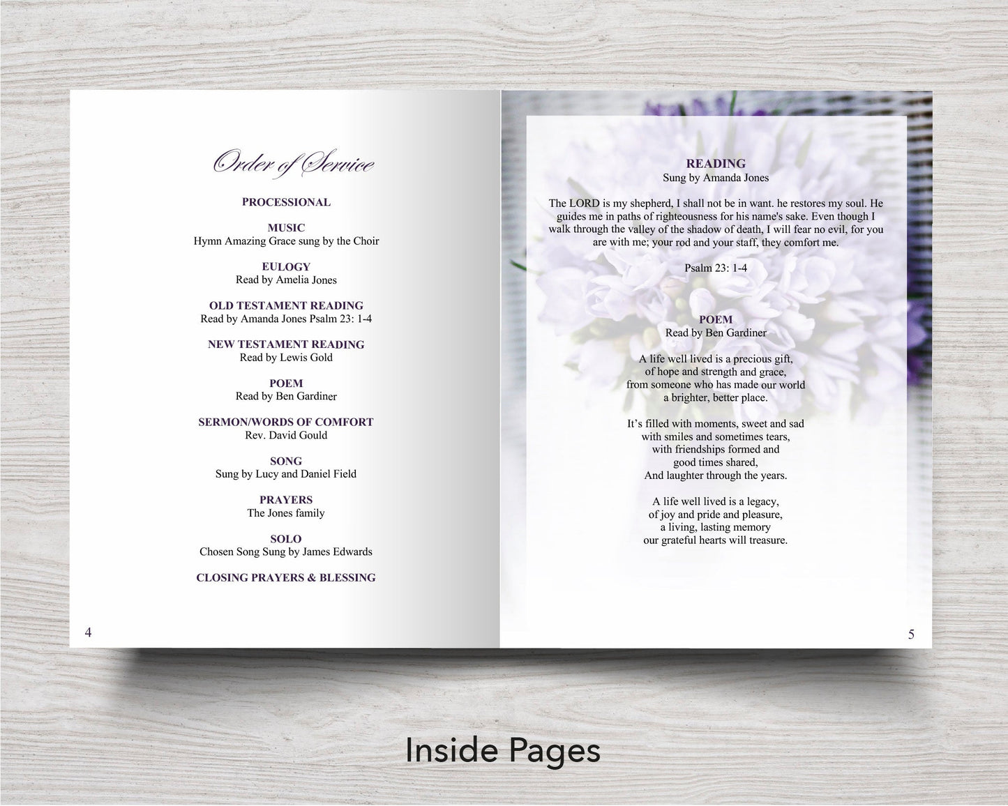 12 Page Purple Bouquet Funeral Program Template (11 x 17 inches)