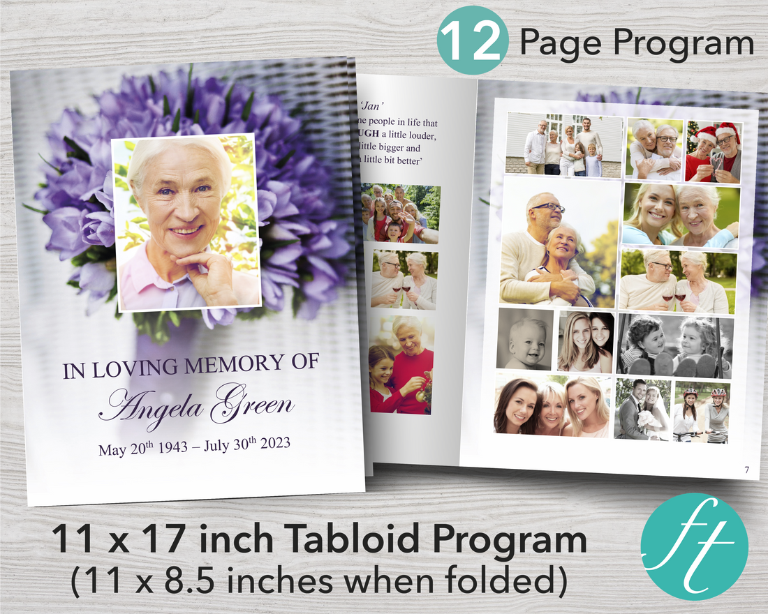 11x17 Funeral Program Template with 12 pages Purple Bouquet Funeral
