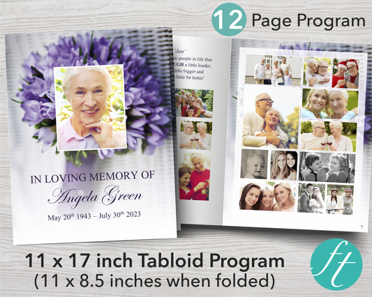 12 Page Purple Bouquet Funeral Program Template (11 x 17 inches)