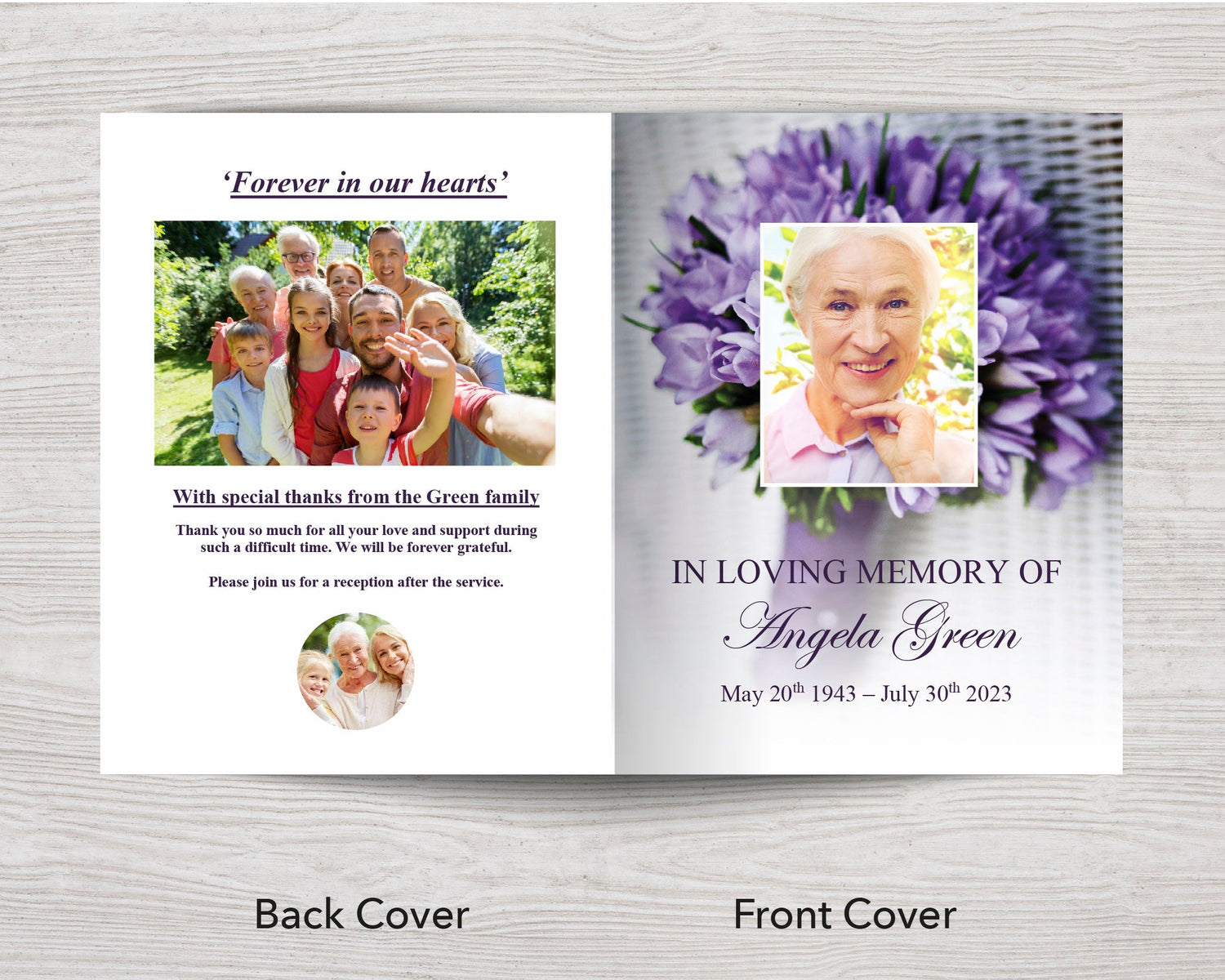 12 Page Purple Bouquet Funeral Program Template (11 x 17 inches)